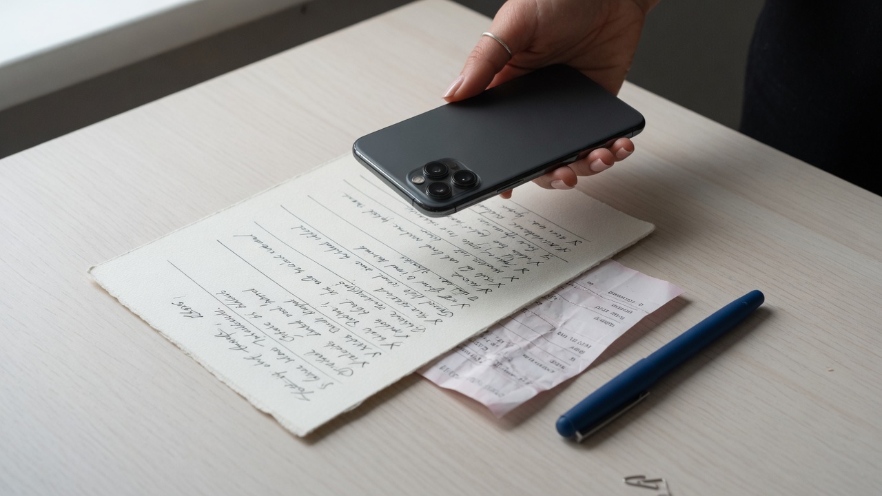 A person capturing a handwritten note and receipt with a smartphone