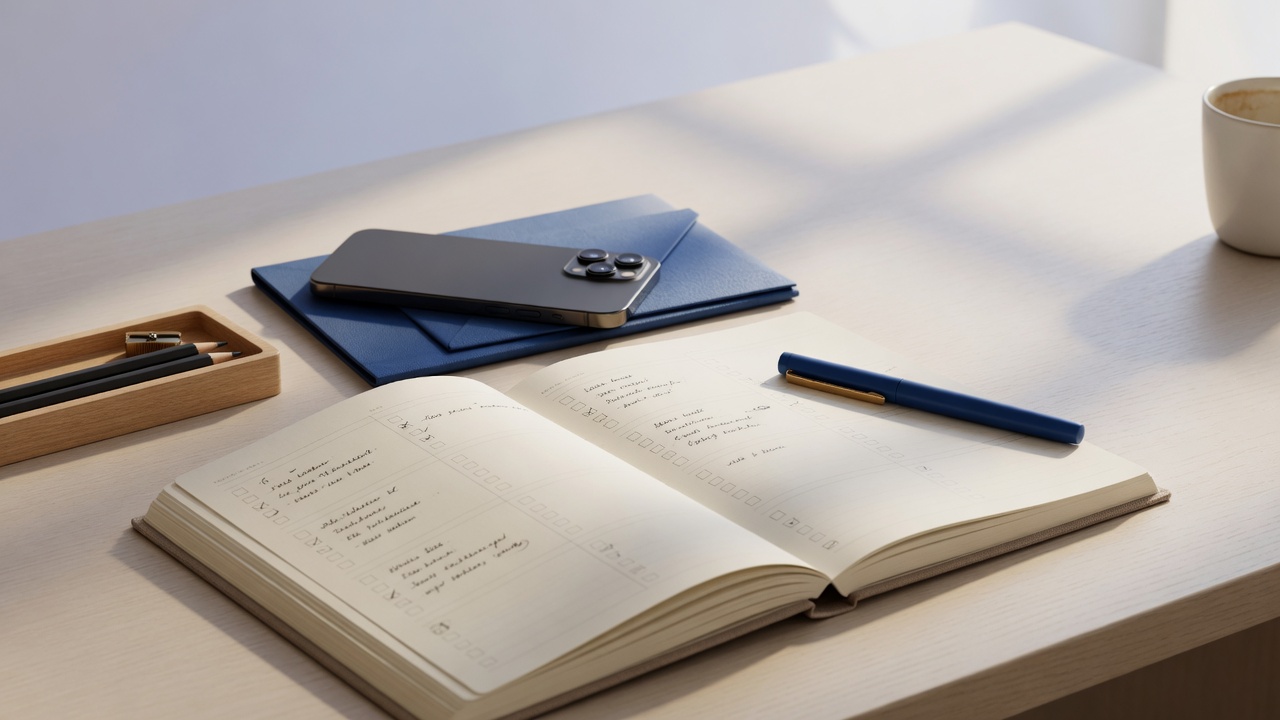 A handwritten planner, smartphone, and pen on a thoughtfully arranged desk