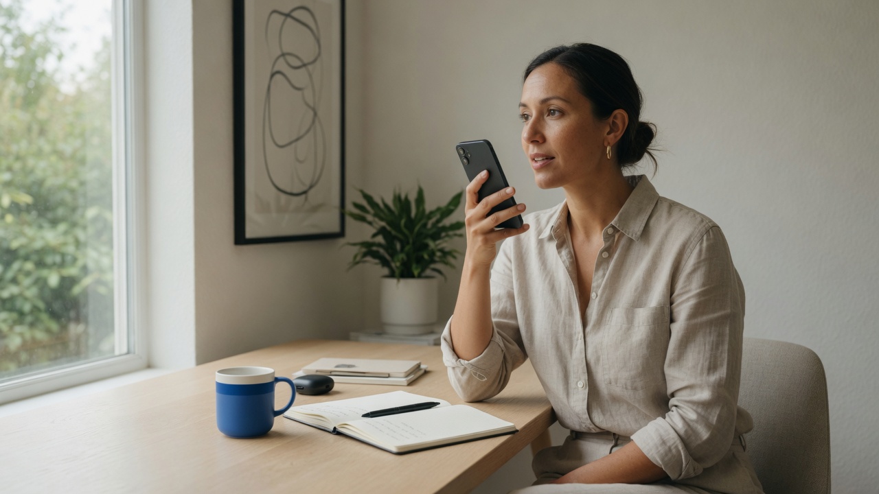 A professional recording a voice note in a calm workspace